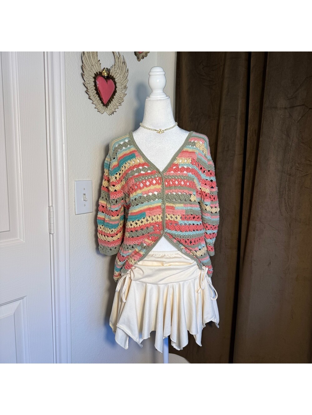 Vintage Napa Valley Pastel Fisherman Cozy Fall Striped Crochet Cardigan Boho M